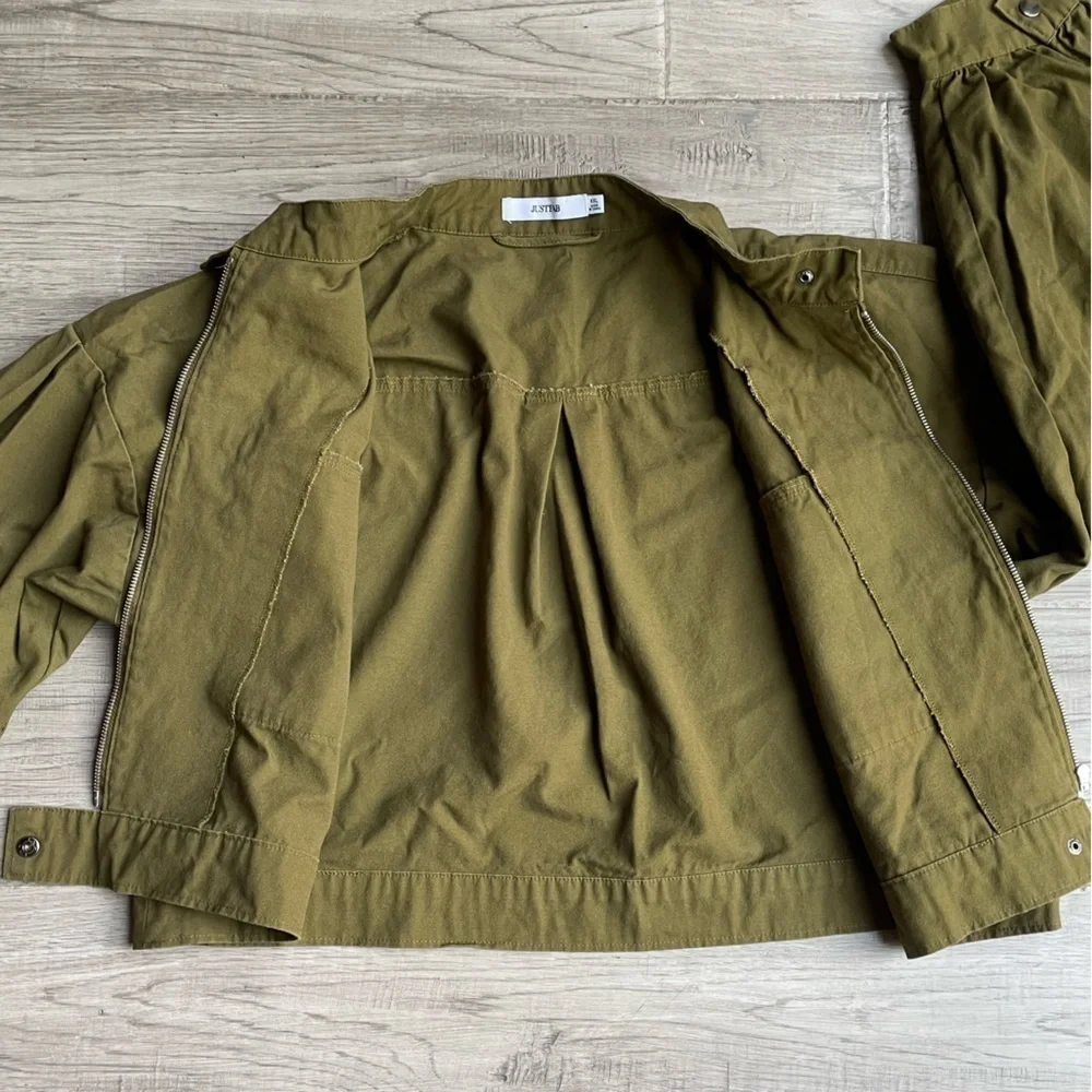 JustFab Canvas Cropped Jacket Balloon Sleeve Olive Green Boxy Cargo Like SZ XXL - Picture 3 of 16